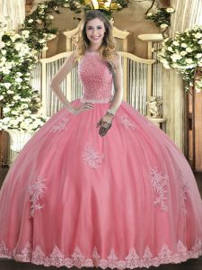 Fashionable Baby Pink Sleeveless Floor Length Beading and Appliques Lace Up Quinceanera Dresses