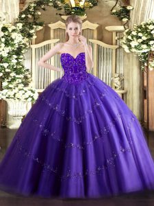 Popular Floor Length Purple Vestidos de Quinceanera Tulle Sleeveless Appliques