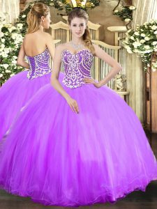 Attractive Lavender Ball Gowns Beading Sweet 16 Dresses Lace Up Tulle Sleeveless Floor Length