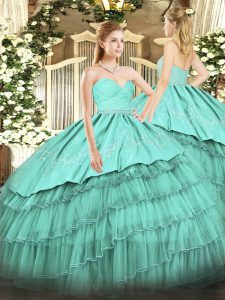 Turquoise Ball Gowns Beading and Lace and Embroidery and Ruffled Layers Quinceanera Gown Zipper Organza and Taffeta Sleeveless Floor Length