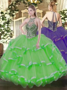 Halter Top Neckline Beading and Ruffles Quinceanera Dresses Sleeveless Lace Up