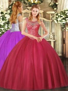 Fantastic Scoop Sleeveless Tulle Quince Ball Gowns Beading Lace Up