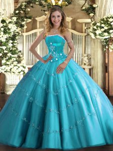 Sophisticated Aqua Blue Tulle Lace Up Ball Gown Prom Dress Sleeveless Floor Length Beading and Appliques and Ruffled Layers