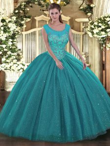Artistic Sleeveless Tulle and Sequined Floor Length Backless Sweet 16 Quinceanera Dress in Teal with Beading