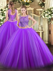 Cute Scoop Sleeveless Quince Ball Gowns Floor Length Beading Eggplant Purple Tulle