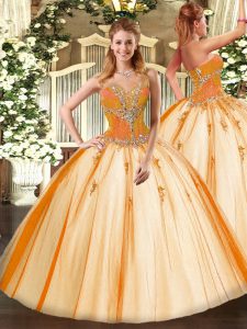 Enchanting Sweetheart Sleeveless Lace Up Quinceanera Gown Gold Tulle