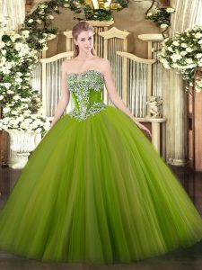 Elegant Strapless Sleeveless Sweet 16 Dresses Floor Length Beading Olive Green Tulle