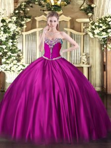 Hot Sale Fuchsia Ball Gowns Beading Quinceanera Gown Lace Up Satin Sleeveless Floor Length