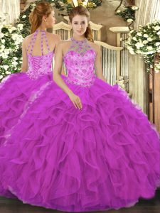 Fuchsia Lace Up Halter Top Beading and Embroidery and Ruffles Quinceanera Dresses Organza Sleeveless