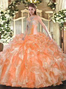 Spectacular Orange Organza Lace Up Quinceanera Gowns Sleeveless Floor Length Beading and Ruffles