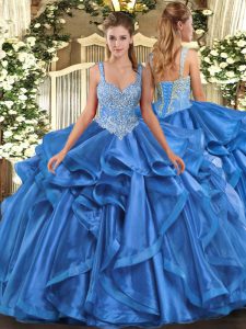 Eye-catching Ball Gowns Vestidos de Quinceanera Blue Straps Organza Sleeveless Floor Length Lace Up