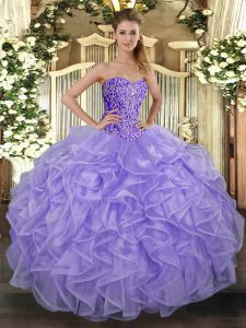 Beauteous Sleeveless Tulle Floor Length Lace Up Sweet 16 Dress in Lavender with Beading and Ruffles