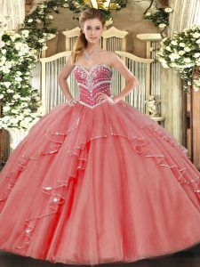 High Quality Sweetheart Sleeveless Lace Up Vestidos de Quinceanera Coral Red Tulle