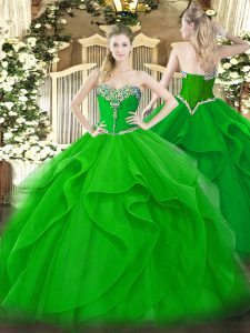 Green Sweetheart Neckline Beading and Ruffles 15th Birthday Dress Sleeveless Lace Up