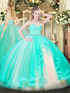 Floor Length Zipper Quinceanera Gowns Apple Green for Military Ball and Sweet 16 and Quinceanera with Beading and Lace and Ruffles