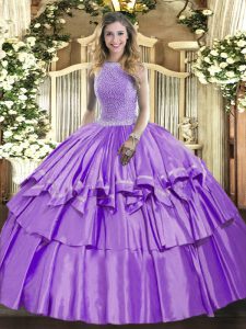 Latest Floor Length Lavender 15th Birthday Dress High-neck Sleeveless Lace Up