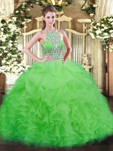 Graceful Tulle Lace Up Halter Top Sleeveless Floor Length Quinceanera Dresses Beading and Ruffles