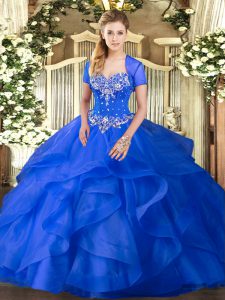 Pretty Blue Lace Up Sweetheart Beading and Ruffles 15 Quinceanera Dress Tulle Sleeveless