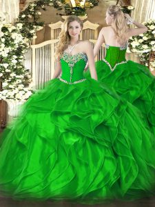 Wonderful Green Ball Gowns Organza Sweetheart Sleeveless Beading and Ruffles Floor Length Lace Up Sweet 16 Dresses