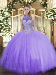 Lavender Tulle Lace Up Halter Top Sleeveless Floor Length Vestidos de Quinceanera Beading
