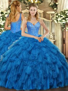Blue Quinceanera Gowns Military Ball and Sweet 16 and Quinceanera with Beading and Ruffles V-neck Sleeveless Lace Up