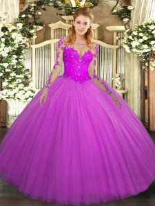 Inexpensive Long Sleeves Floor Length Lace Lace Up 15 Quinceanera Dress with Fuchsia
