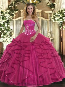 Strapless Sleeveless Sweet 16 Quinceanera Dress Floor Length Beading and Ruffles Hot Pink Tulle