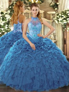 Latest Teal Sweet 16 Dress Prom and Sweet 16 and Quinceanera with Beading and Ruffles Halter Top Sleeveless Lace Up