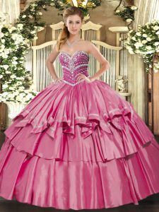 Best Hot Pink Sleeveless Organza and Taffeta Lace Up 15 Quinceanera Dress for Military Ball and Sweet 16 and Quinceanera