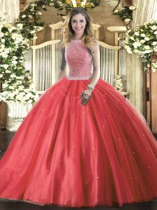 Red Tulle Lace Up High-neck Sleeveless Floor Length 15 Quinceanera Dress Beading