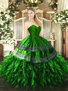 Green Sleeveless Organza and Taffeta Zipper Ball Gown Prom Dress for Military Ball and Sweet 16 and Quinceanera