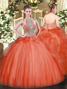 Customized Red Halter Top Neckline Beading and Ruffles Sweet 16 Dresses Sleeveless Lace Up