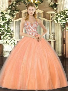 Orange Lace Up Straps Beading and Appliques Quinceanera Dress Organza Sleeveless