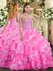 Sweetheart Sleeveless Lace Up 15 Quinceanera Dress Rose Pink Organza