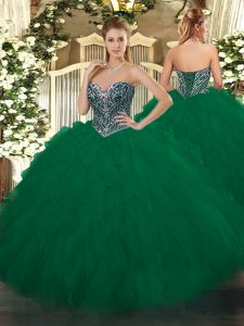 Floor Length Lace Up Quince Ball Gowns Dark Green for Military Ball and Sweet 16 and Quinceanera with Beading and Ruffles