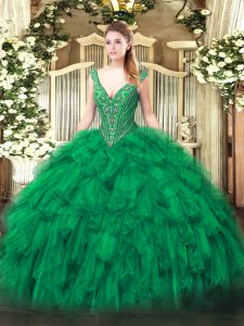 Pretty Sleeveless Floor Length Beading and Ruffles Lace Up Sweet 16 Dress with Green