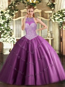 Most Popular Beading and Appliques Quinceanera Dress Fuchsia Lace Up Sleeveless Floor Length