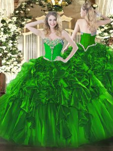 Glorious Green Organza Lace Up Sweet 16 Quinceanera Dress Sleeveless Floor Length Beading and Ruffles