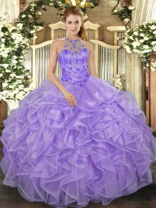 Stunning Lavender Halter Top Neckline Beading and Ruffles 15th Birthday Dress Sleeveless Lace Up