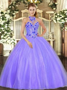 Lavender Tulle Lace Up Halter Top Sleeveless Floor Length Quinceanera Gowns Embroidery