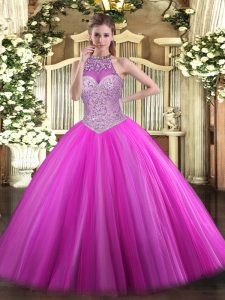 Dazzling Floor Length Ball Gowns Sleeveless Fuchsia 15 Quinceanera Dress Lace Up