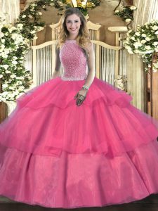 Trendy Hot Pink Ball Gowns Beading and Ruffled Layers Quinceanera Dresses Lace Up Tulle Sleeveless Floor Length
