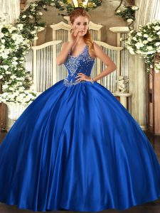 Smart Royal Blue Lace Up Straps Beading Ball Gown Prom Dress Satin Sleeveless
