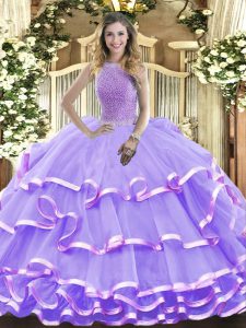 Lavender High-neck Neckline Beading and Ruffled Layers Quince Ball Gowns Sleeveless Lace Up