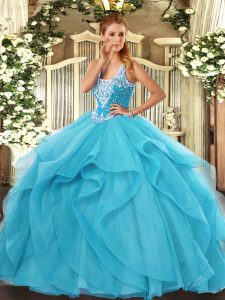 Free and Easy Aqua Blue Straps Lace Up Beading and Ruffles Sweet 16 Quinceanera Dress Sleeveless