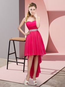 Hot Pink A-line Sweetheart Sleeveless Chiffon High Low Lace Up Beading Prom Party Dress