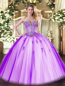 Sleeveless Tulle Floor Length Lace Up Quinceanera Dress in Lavender with Beading and Appliques