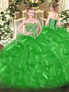 Super Green Sleeveless Organza Lace Up Sweet 16 Dresses for Military Ball and Sweet 16 and Quinceanera