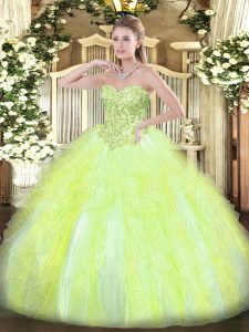 Modern Yellow Green Quinceanera Gown Sweet 16 and Quinceanera with Appliques and Ruffles Sweetheart Sleeveless Lace Up