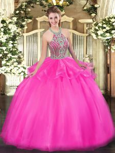 Glorious Halter Top Sleeveless Tulle Sweet 16 Dresses Beading and Ruffles Lace Up